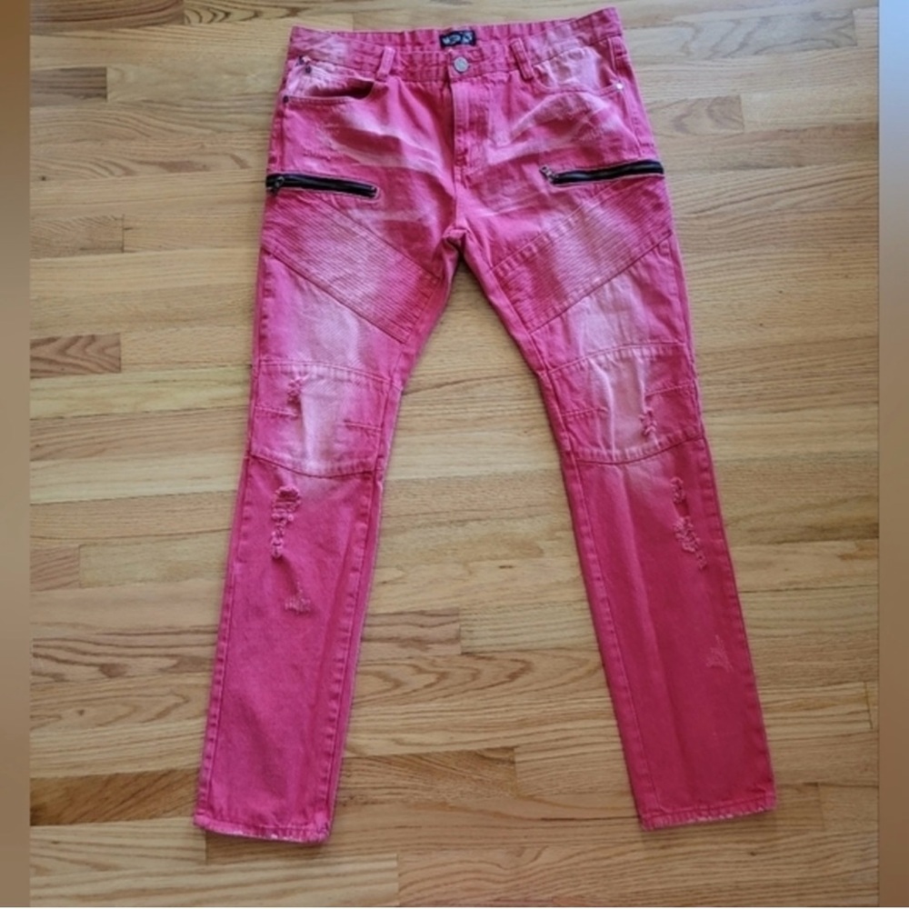 Square Zero Red‎ Biker Moto Distressed Jeans 38x32
